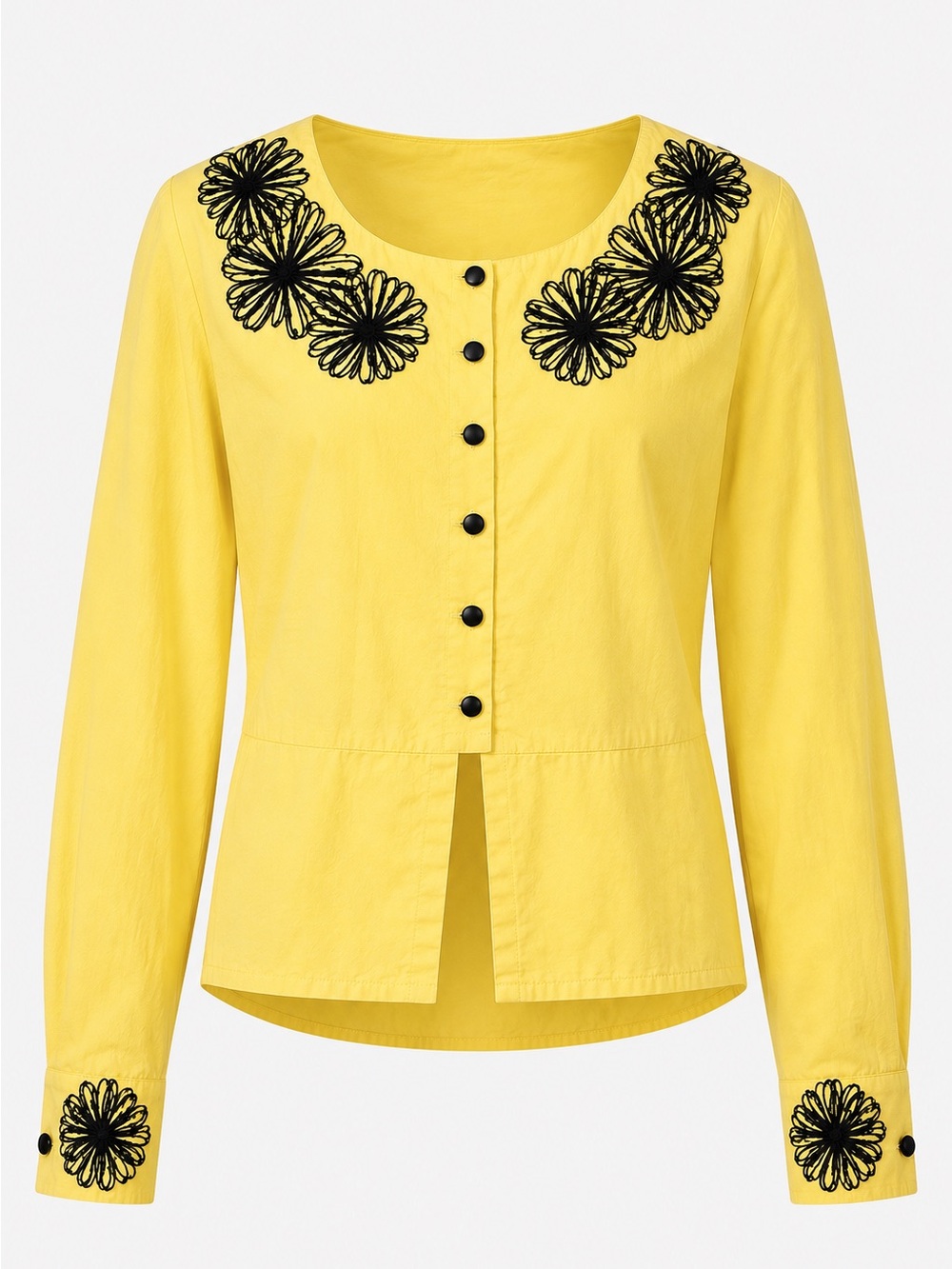 Vintage 90’s| Yellow Embroidered Cotton Blouse | Floral Button Front |